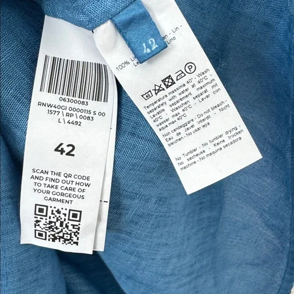 120% Lino 100% Linen Blue Button Front Tie Waist Midi Shirt Dress Size: 42 - Picture 12 of 12